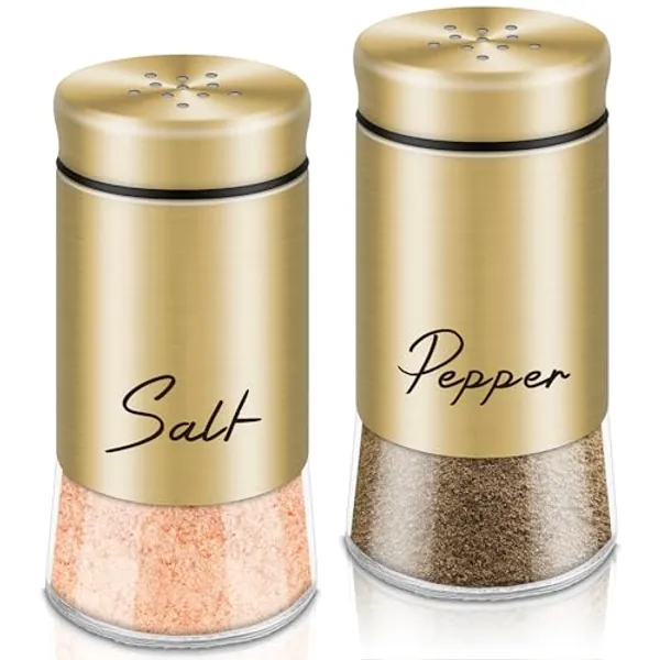 Gold Salt and Pepper Shakers Set, 5 oz Modern Farmhouse Kitchen Decor and Accessories for Restaurant, Wedding, Housewarming Gifts Refillable Design (Gold)