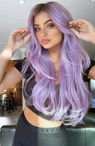 vedar Rainbow Colored Flawless Lavender Wigs Ombre Light Purple Hair Synthetic Lace Front Wigs with Black Roots Deep Weave Violet Hair Wigs 22 inch VEDAR-062