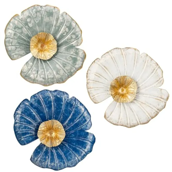 11.8" Metal Wall Decor, 3 Pieces Floral Blue Wall Art, Wall Hanging Decorations for Home Office Dining Room Bedroom Kitchen Living Room, White and Gold Wall Sculptures Modern Accent