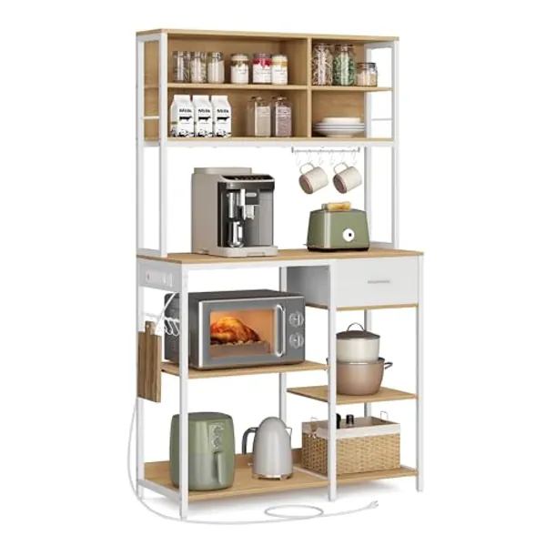 VASAGLE Bakers Rack with Charging Station, Coffee Bar Stand with Adjustable Storage Shelves, Fabric Drawer, 12 Hooks, Table for Microwave, Kitchen, Gold Oak and Cloud White UKKS028Y09