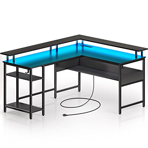 Rolanstar Computer Desk 59'' with LED Lights and Power Outlets, Carbon Fiber Surface, Reversible L Shaped Gaming Desk with Monitor Stand, Office Desk with Storage, 59 inch Desk with USB Port and Hook - Carbon Fiber