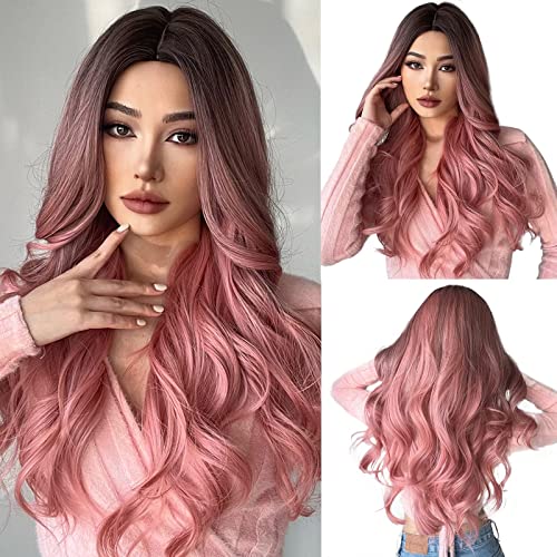 Esmee Synthetic Wigs Ombre Pink Long Wavy Women Heat Resistant Fiber Middle Part Cosplay Wigs 24inch - Pink