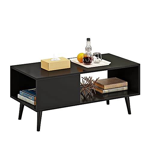 HOMEFORT Retro Coffee Table, Mid-Century Cocktail Table with Storage Shelf, Rectangular Narrow Office Table, Vintage Sofa Table,TV Stand for Living Room, Guest Room, Reception(Black) - Black