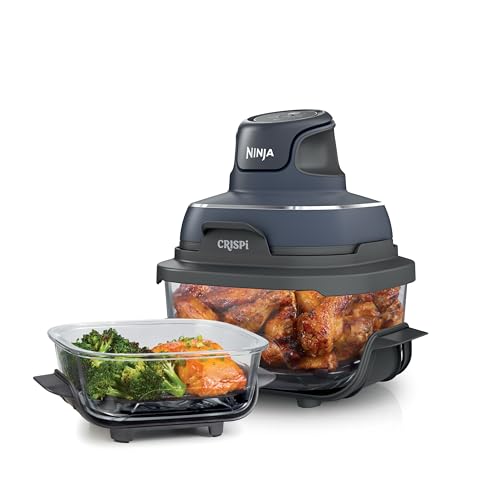 Ninja Crispi Air Fryer, Microwave, Freezer & Dishwasher Safe, Non Toxic Glass Portable Cooking System, 4 QT & 6 Cup Glass Containers with Storage Lids, Easy Meals, Air Fry, Bake, & More Grey, FN101GY