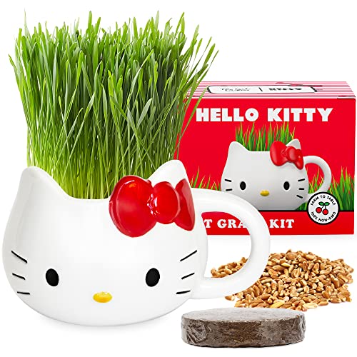 The Cat Ladies Hello Kitty Organic Cat Grass Growing kit with Organic Seed Mix, Soil and Hello Kitty Mug Planter. Natural Hairball Control and Digestive Remedy for Cats