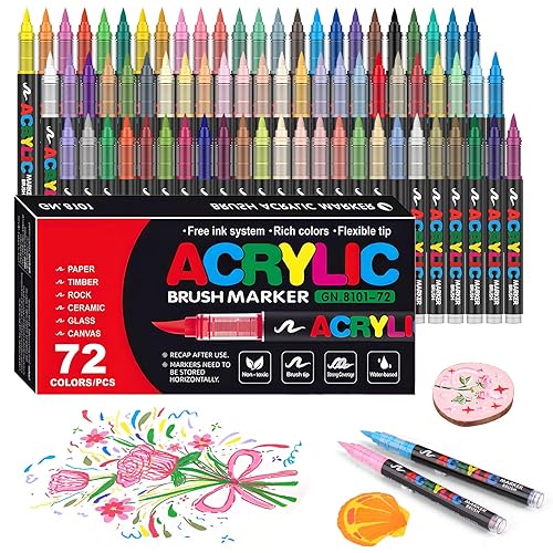 Gunsamg 72 Colours Acrylic Paint Marker Set – Water-Based Paint Pens with Flexible 1-5mm Brush Tip for Rock, Ceramic, Glass, Stone, Metal, Fabric Painting - 72