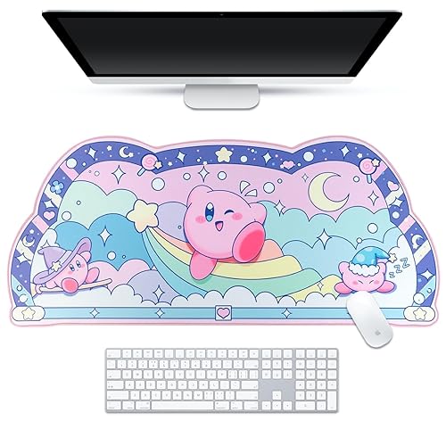 BelugaDesign Pink Puff Ball Desk Pad | Kawaii Cute Anime Keyboard Gaming PC Laptop Mat | Large Super Smash Star Allies Forgotten Land Large Mat Mousepad | Pastel Pink Blue Desk Blotter Protector