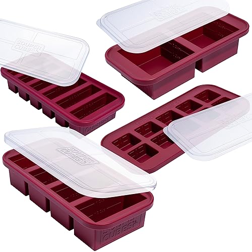 Souper Cubes Gift Set - Kitchen Set with 2 Tbsp, 1/2 Cup, 1 Cup, and 2 Cup Silicone Freezer Trays with Lids - Meal Prep and Kitchen Storage Solutions - Cranberry - Cranberry