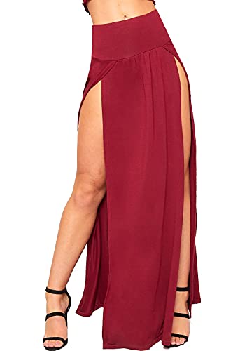 STAR FASHION Women Ladies Double Split Maxi Long Skirt Plain Basic Two Side Slit High Waisted Stretchy Long Summer Party Wear Skirts UK Sizes 8-22 - 12-14 - Wine