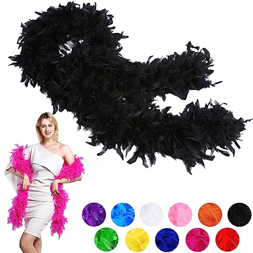 80g Black Feather Boa Thick Fancy Dress for Adults,Kids,2m/6.6ft Natural Turkey Feather Boa Black,Party Fluffy Boa Feather Scarffor Bulk for Women,Girls,Wedding Bachelor Halloween Christmas Party - Black 1
