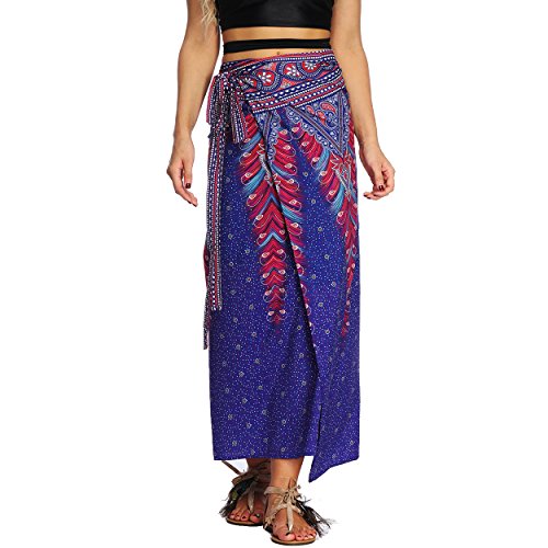 Nuofengkudu Women's Boho Long Maxi Skirts Tie up Waist Wrap Sarongs Thai Patern Elegant High Split Summer Beach Holiday Party Dress Bikini Cover up - One Size - Purple Peacock