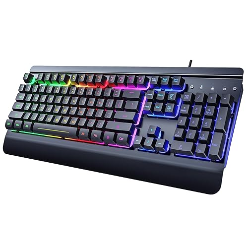 Gaming Keyboard, 104 Keys All-Metal Panel, Dacoity Rainbow LED Backlit Quiet Computer Keyboard, Wrist Rest, Multimedia Keys, Anti-ghosting Keys, Waterproof Light Up USB Wired Keyboard for PC Mac Xbox - Black