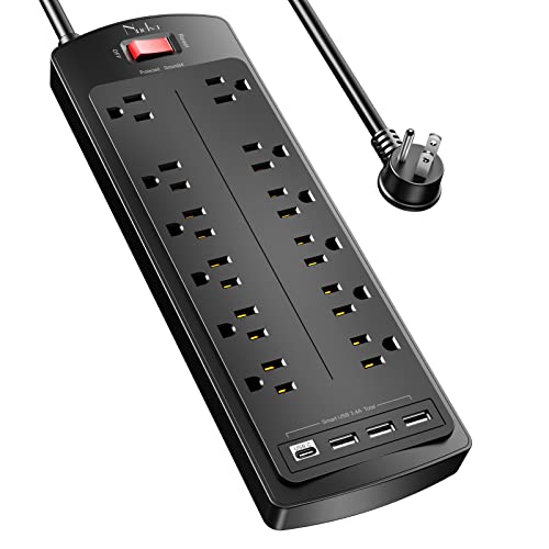 Surge Protector Power Bar, Nuetsa 12 Outlets Power Strip and 4 USB Ports(3U1C), 6Ft Flat Plug Extension Cord (1875W/15A) Dorm Essentials, 2700 Joules, ETL Listed,Black - 6FT - Black