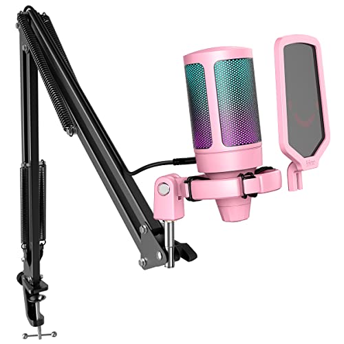 FIFINE Gaming USB Microphone Kit, PC Streaming Recording Computer RGB Microphone Set for Podcasting, Singing, YouTube, Condenser Cardioid Mic with Quick Mute, Gain Knob-A6T Pink - Pink