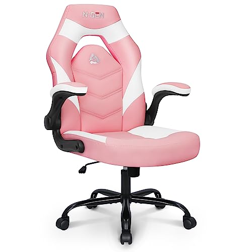 N-GEN Video Gaming Computer Chair Ergonomic Office Chair Desk Chair with Lumbar Support Flip Up Arms Adjustable Height Swivel PU Leather Executive with Wheels for Adults Women Men (Pink) - Pink