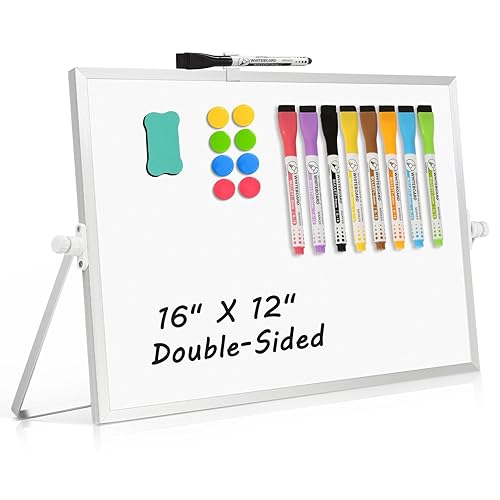 AMUSIGHT Dry Erase Magnetic White Board, 16" x 12" Double-Sided Desktop Whiteboard with Stand, Portable Small Whiteboard Set for Drawing, Office, Home, School - White - 12" x 16"