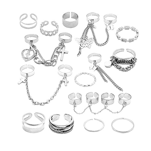 ZZ ZINFANDEL Gothic Punk Chain Finger Rings Set, 17PCS Adjustable Stackable Vintage Silver Rings for Women Men,Happy Cross Butterfly Knuckle Rings (Silver)
