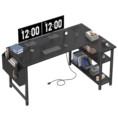 Lufeiya L Shaped Computer Desk with Power Outlet Shelves, 47 Inch Corner Desk for Home Office Bedroom, L-Shaped Study Writing Working PC Desks, Black - Black - 47.2"