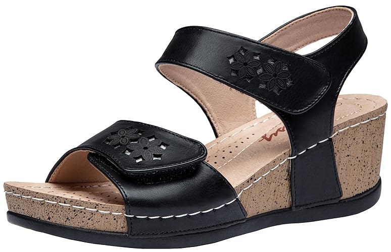 Jeossy Women's Platform Wedge Sandals 835 Comfortable Open Toe Ankle Strap Summer Walking Sandals with Buckle - 8.5 - Leaves-838-black