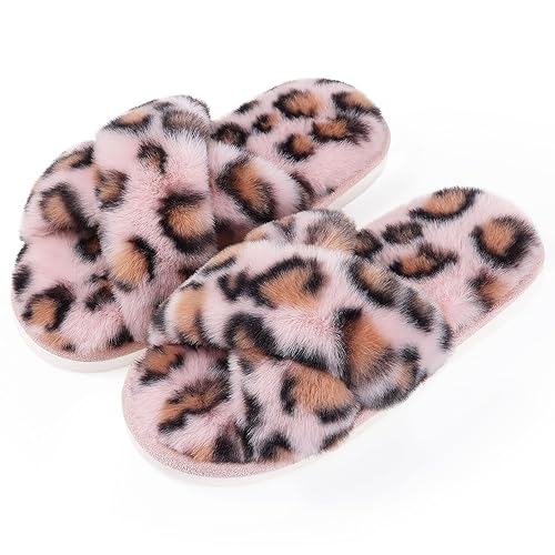 Evshine Women's Fuzzy Slippers Cross Band Memory Foam House Slippers Open Toe - 8.5-9.5 - Leopard Pink