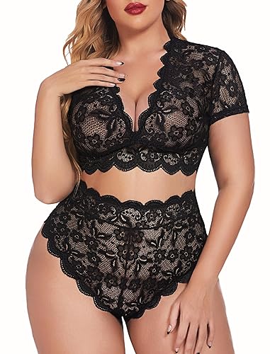 Avidlove Plus Size Lingerie Plus Floral Lace Scallop Trim Lingerie Set Deep V Allover Lace Bra Panties Set Sexy Clubwear - 14 Plus - 1 Black