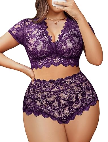 Avidlove Plus Size Lingerie Plus Floral Lace Scallop Trim Lingerie Set Deep V Allover Lace Bra Panties Set Sexy Clubwear - 14 Plus - Dark Purple