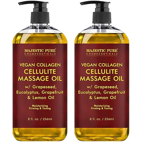 MAJESTIC PURE Cellulite Massage Oil - with Vegan Collagen & Stem Cells, Unique Blend of Massage Essential Oils - Anti Cellulite Oil Improves Skin Tightening and Firming, 2 x 8 fl oz - Cellulite (Pack of 2)
