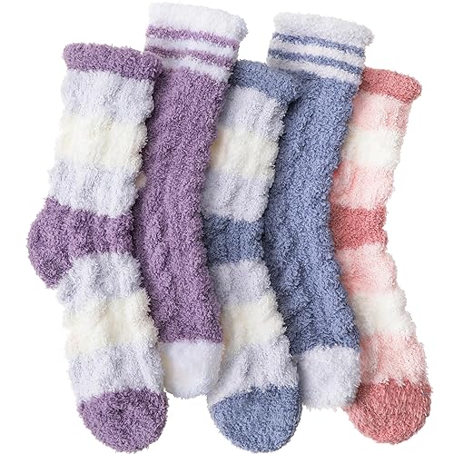 EBMORE Womens Fuzzy Socks Fleece Fluffy Cabin Plush Warm Sleep Soft Cozy Winter Adult Socks - Red / Blue / Purple Stripe