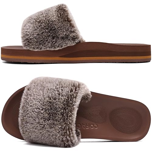 COFACE Womens Sliders Plush House Slippers Flat Sandals For Women Memory Foam Fuzzy Open Toe Slippers With Arch Support Anti Skid Ladies Slip On Fur Slide Slippers House Shoes Mules Indoor Outdoor - 9 - Tiramisu