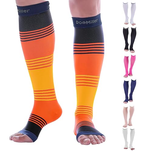 Doc Miller, Open Toe Compression Socks, 8-15 mmHg, Toeless, Support Circulation, Shin Splints, Calf Recovery, Varicose, Knee High, Medical Grade, Sun Stripes Socks, 2X-Large Size for Men & Women, Pair - XX-Large - Sun Stripes