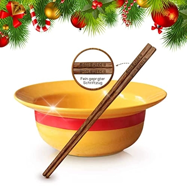 Lustige Anime Strohhut Schüssel Merch Ramen mit Essstäbchen Merchandise Witzige Straw Hat Bowl Keramik MüSlischüSsel Suppenschüssel Set für Udon Nudeln Getreidesalat Freund Geschenk