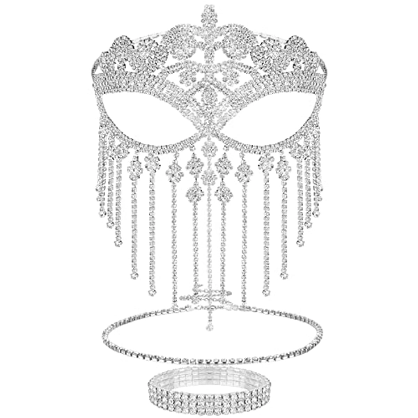 3 Pcs Masquerade Jewelry Set for Women Tassel Mask Fringe Masquerade Mask Veil Face Chain Rhinestone Crystal Necklace Bracelet for Wedding Party Prom Cosplay Halloween Costume Accessories