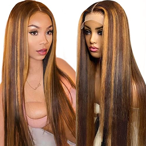 Flady Highlight Ombre Lace Front Wig Human Hair Pre Plucked HD Lace Frontal Wig 4/27 Glueless Straight Wigs Human Hair Sunkissed Brown Blonde Wig Human Hair 150% Density