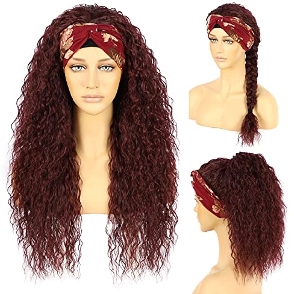 SOMIARIK Headband Wigs for Black Women Long Wave Synthetic Burgundy Wine Red Wig Glueless Hair None Lace Front Wigs Machine Made Headband Wigs 130% Density 26 inch