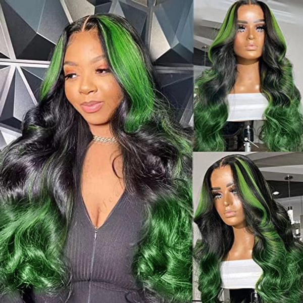haha Ombre Green Lace Front Wig Human Hair Body Wave Highlight Lace Front Wig Pre Plucked Skunk Stripe 13x4 HD Lace Frontal Wig For Women Black and Green Streaks Wig Human Hair Glueless 28 Inch