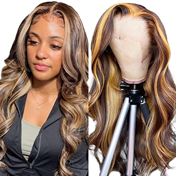 13x4 HD Body Wave Highlight Ombre Lace Front Wig Human Hair Pre Plucked 4/27 Honey Blonde Lace Frontal Wig For Women with Baby Hair 180% Density Glueless Body Wave Colored Lace Front Wig 18 Inch