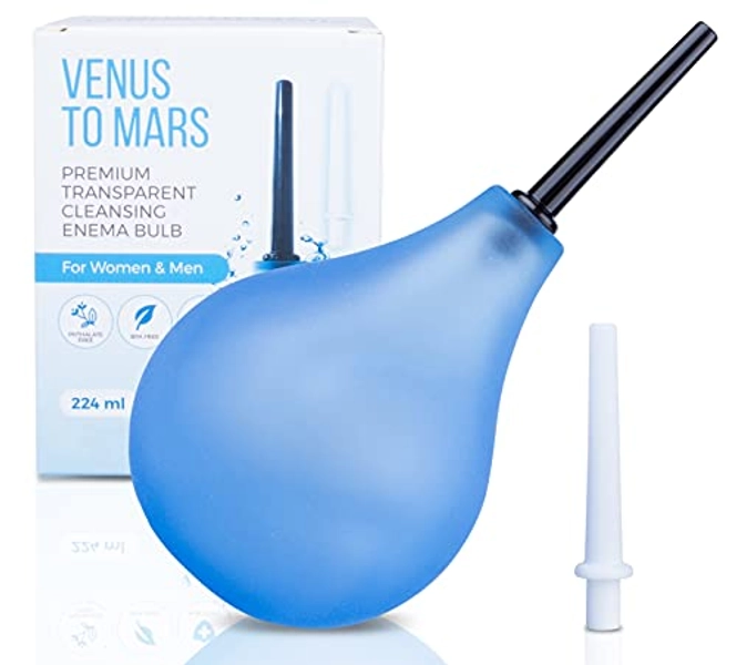 Venus To Mars Clear Enema Bulb – Anal Douche for Men and Women – Easily See Water Level with Clear See Through Design – 7 Ounce Blue Enema Bulb Kit with 2 Nozzles– BPA and Phthalates Free