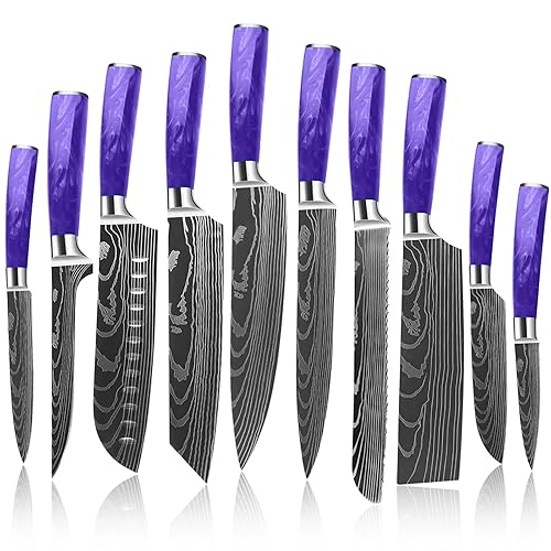 MAXCOOK Chef Knife Set, 10 Piece Professional Japanese Chef's Knife Set, Stainless Steel Ultra Sharp Kitchen Knife for Cooking, Durable & Resin Handle, Purple - 10pcs Chef Knife set - Purple
