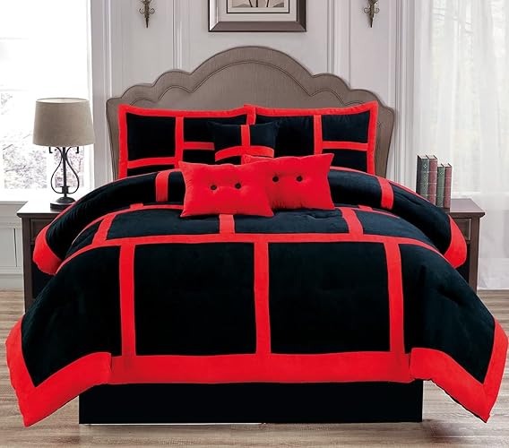 Empire Home Fashi Empire Homey Comforter Set - Luxury Faux Suede Striped Design All Season Bedding 7 Piece (Full, Red Dawn) - Full - Red Dawn