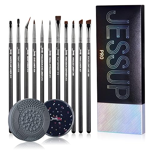 Jessup Eyeliner Brush Set, Professional Eye Liner Makeup Brushes 11pcs T324 with 2 in 1 Silicone Makeup Brush Cleaner A002