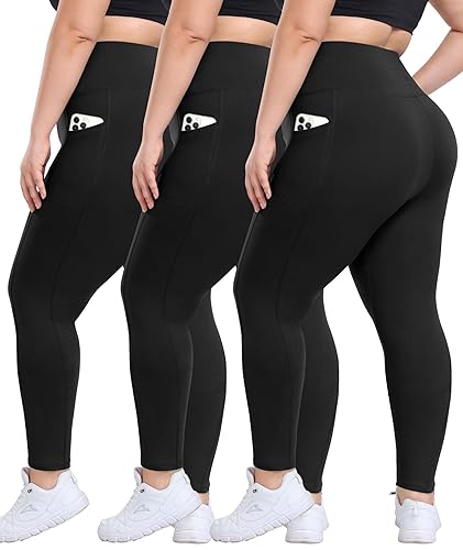 3 Pack Plus Size Leggings with Pockets for Women - High Waisted Tummy Control Spandex Soft Black Workout Yoga Pants - 26 inch - XX-Large - Black/Black/Black