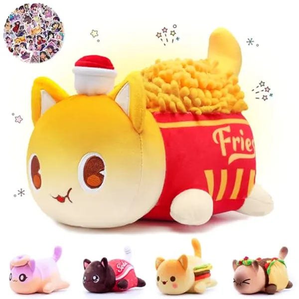 KOWSI® 61-PCS - 11-inches French Fry Cat Plush + 60-Sticker - Meemaows Cute Food Cat Plush Collection - 100% Polyester Plushie Pillow Embroidered - Soft Stuffed Animal Collectible (French Fry Cat)