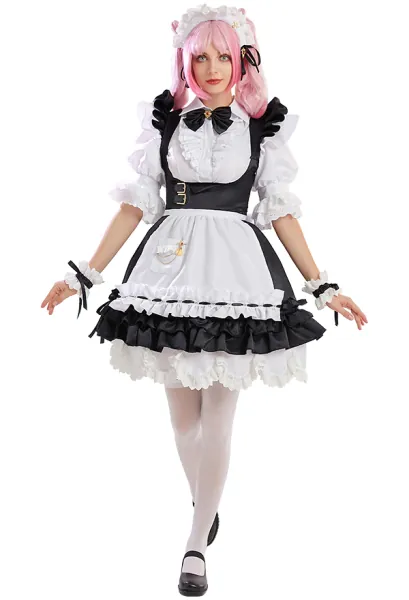 Women FF14 Housemaid's Uniform Cosplay Costume Maid Outfit Dress and Shirt with Apron