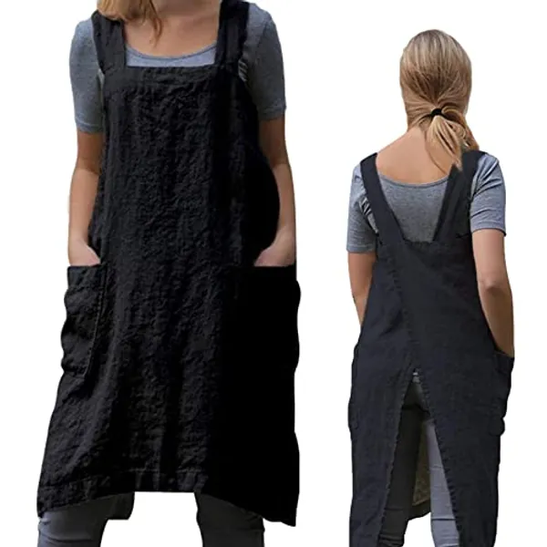 ZQFFB Pinafore Cross Back Apron for Women with Pockets Japanese Smock for Work Gardening Cooking Painting Baking