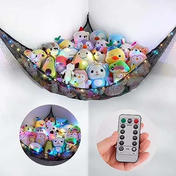 Basumee Stuffed Animals Net or Hammock with LED Light Hanging Toy Net Hammock for Stuffed Animals Storage Stuff Animals Hammocks for Nursery Kids Room with Remote Control, 8 Kinds of Lights(Pack of 1)