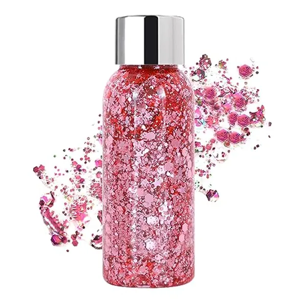 Body Glitter Gel Face Glitter for Body,Face,Eye,Hair Glitter Makeup Liquid Long Lasting Sparkling Mermaid Scales for Festival Art Party Halloween for Woman Kids- Pink