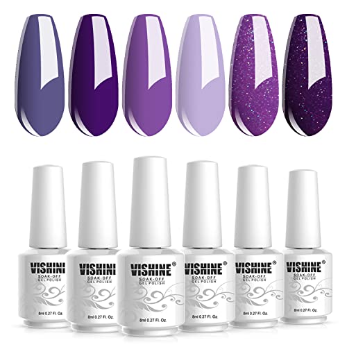 Vishine 6PCS Purple Glitter Nail Polish Gel UV LED Soak Off Nail Art Kit Gorgeous Manicure Collection Gift Set 8ml - C003