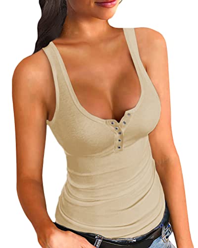 Women Summer Stretch Slim Round Neck Ribbed Tank Basic Solid Top - 0 Light Khaki - Small