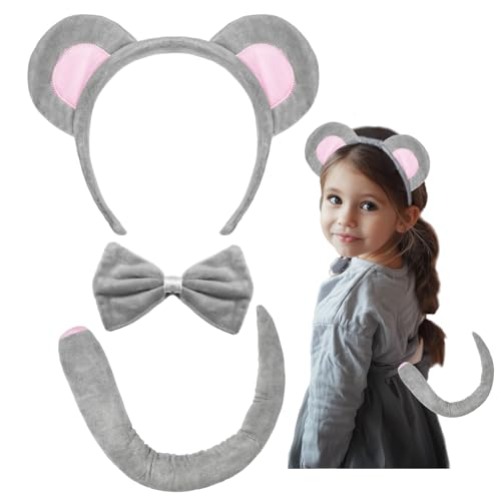 H-Style Halloween Costume, Mouse Costume Accessories Set Gray Mouse Ears Headband,Bow Tie and Tail For Women Kids For Rat Costume Halloween Costumes Halloween Party Halloween Cosplay,Trick Or Treat