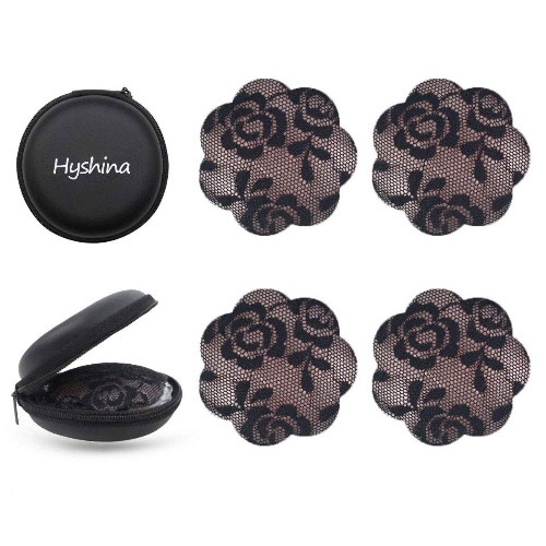 Hyshina Womens Silicone Pasties, Adhesive Bra Reusable 2 Pair Invisible Silicone Nipple Cover (F 2 Black) - 